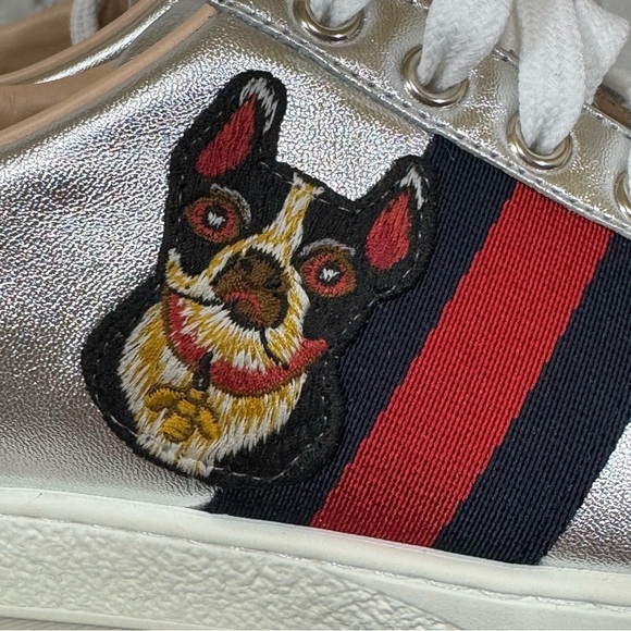 GUCCI ACE Year of the Dog Metallic Silver Women’s Napa Leather Sneakers 7 NiB - Picture 7 of 17